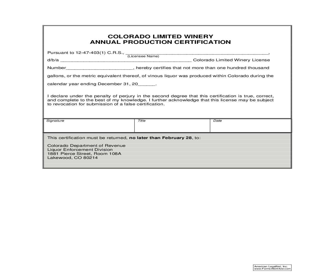 Colorado Limited Winery Annual Production Certification | Pdf Fpdf Doc Docx | Colorado