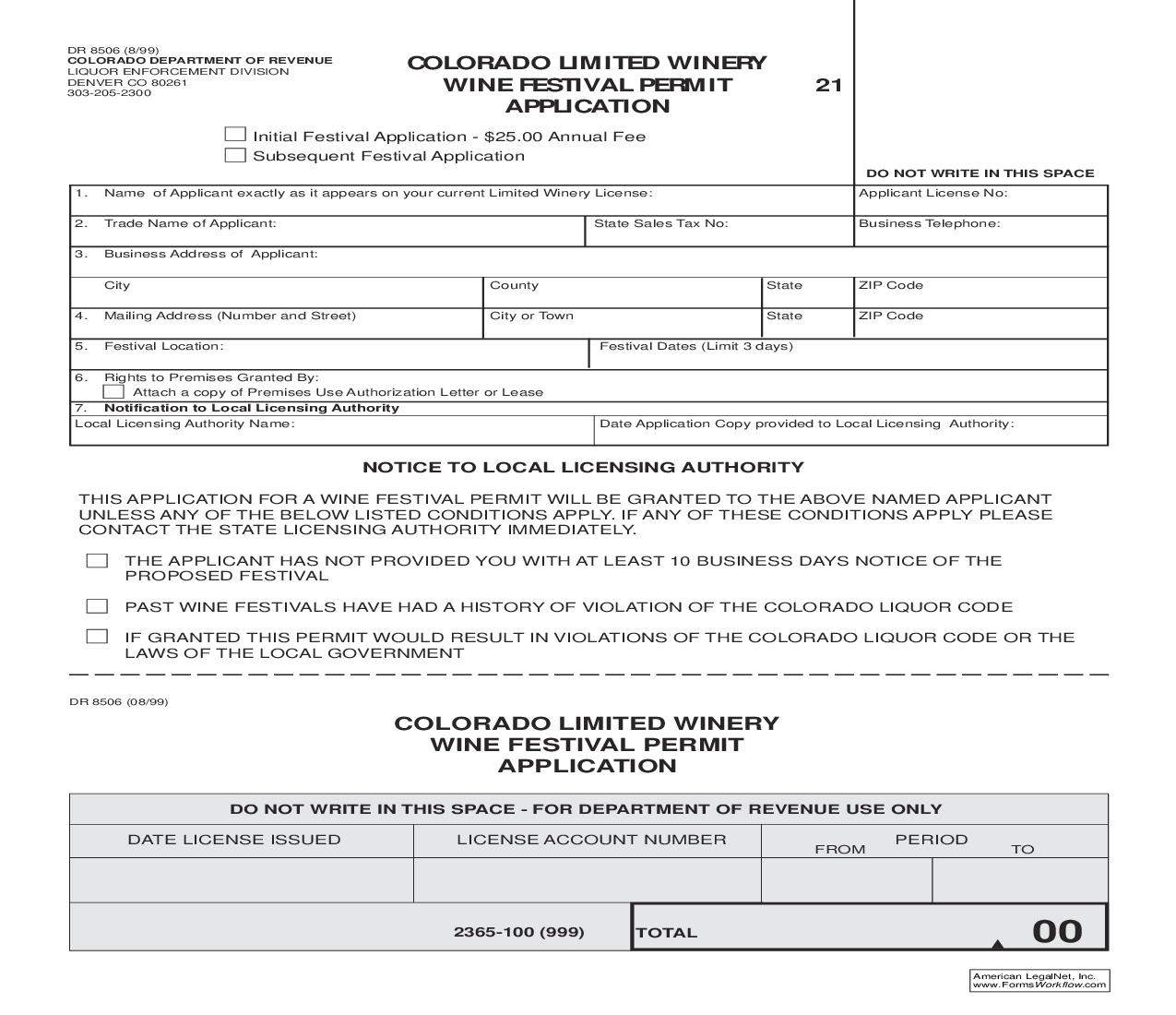 Colorado Limited Winery Wine Festival Permit Application {DR 8506} | Pdf Fpdf Doc Docx | Colorado