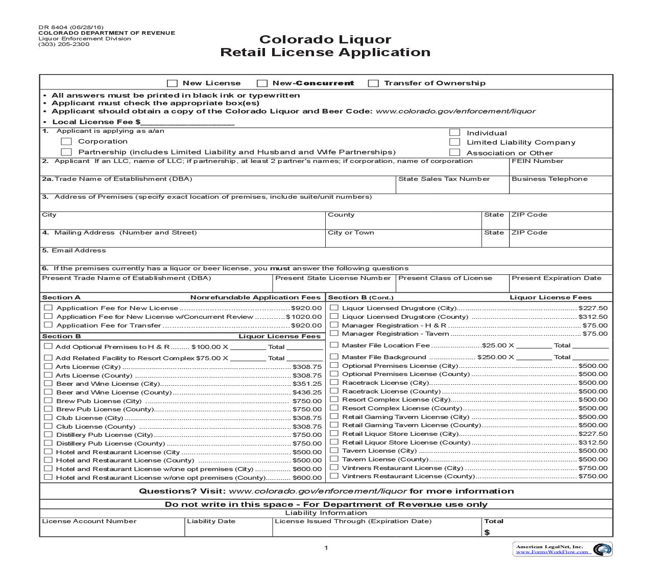 Colorado Liquor Retail License Application {DR 8404} | Pdf Fpdf Doc Docx | Colorado