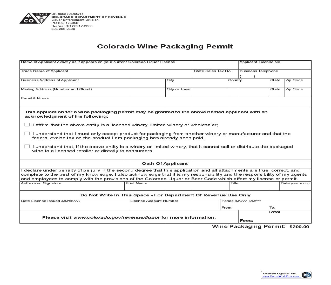 Colorado Wine Packaging Permit {DR 8008} | Pdf Fpdf Doc Docx | Colorado