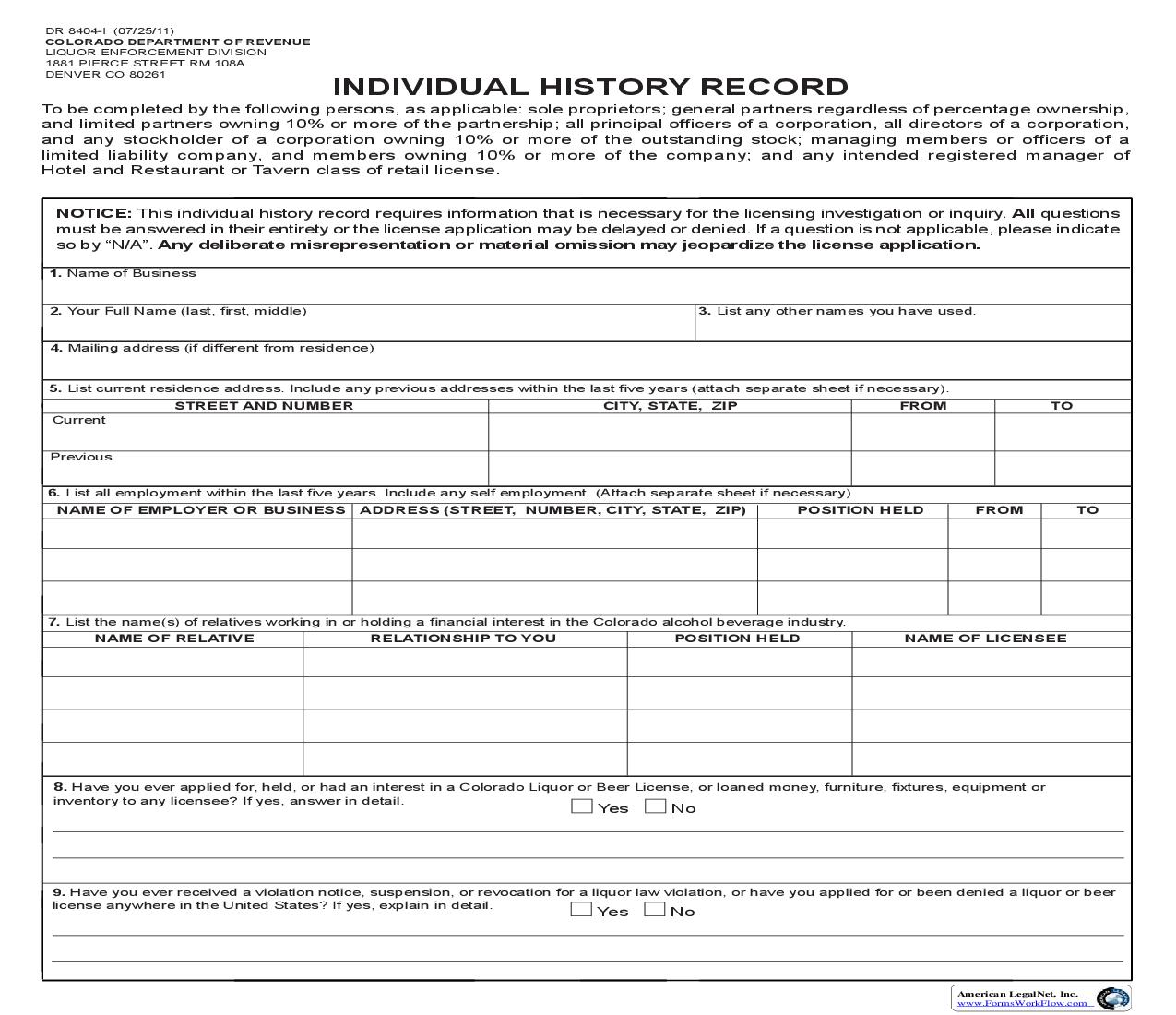 Individual History Record {DR 8404-I} | Pdf Fpdf Doc Docx | Colorado