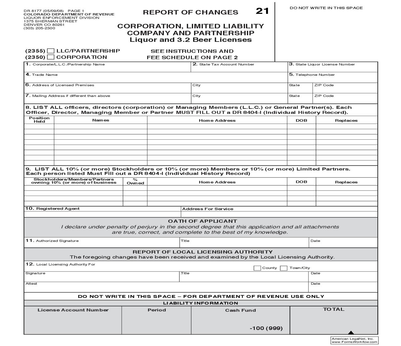 Limited Liability Company And Corporate Report Of Changes (Liquor And 3.2 Beer Licenses) {DR 8177} | Pdf Fpdf Doc Docx | Colorado