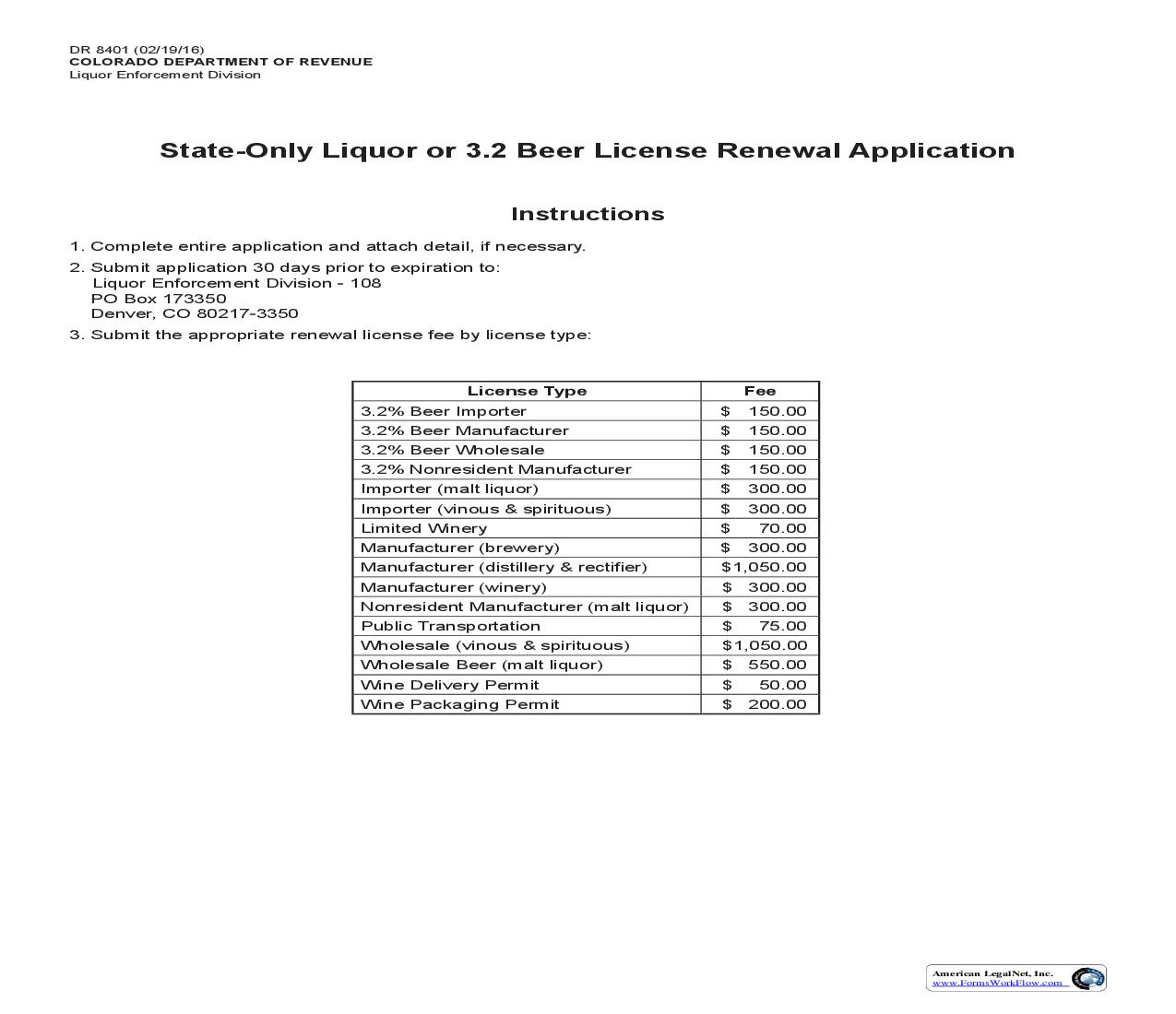 Liquor Or 3.2 Beer License Renewal Application {DR 8401} | Pdf Fpdf Doc Docx | Colorado