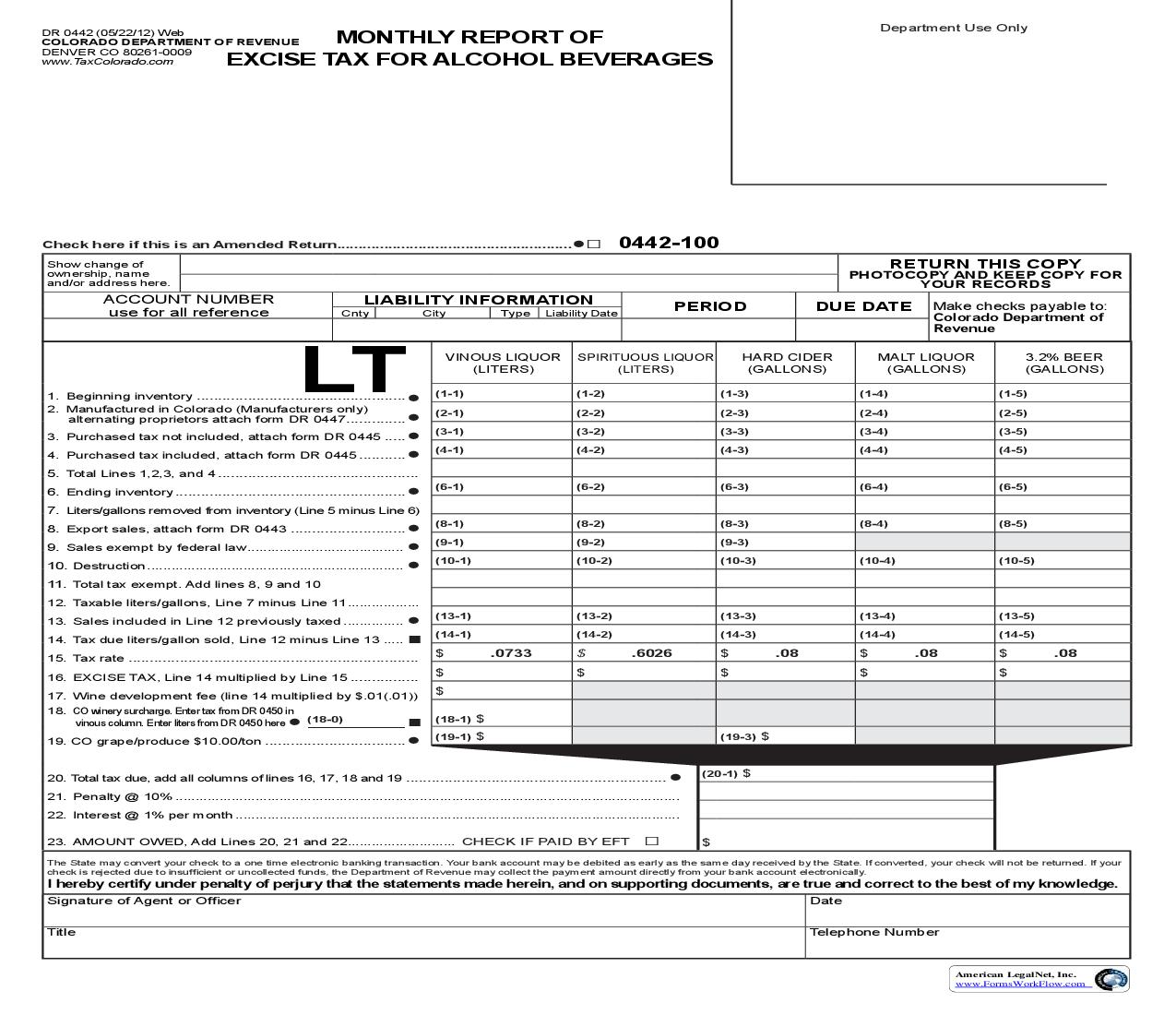Monthly Report Of Excise Tax For Alcohol Beverages {DR 0442} | Pdf Fpdf Doc Docx | Colorado