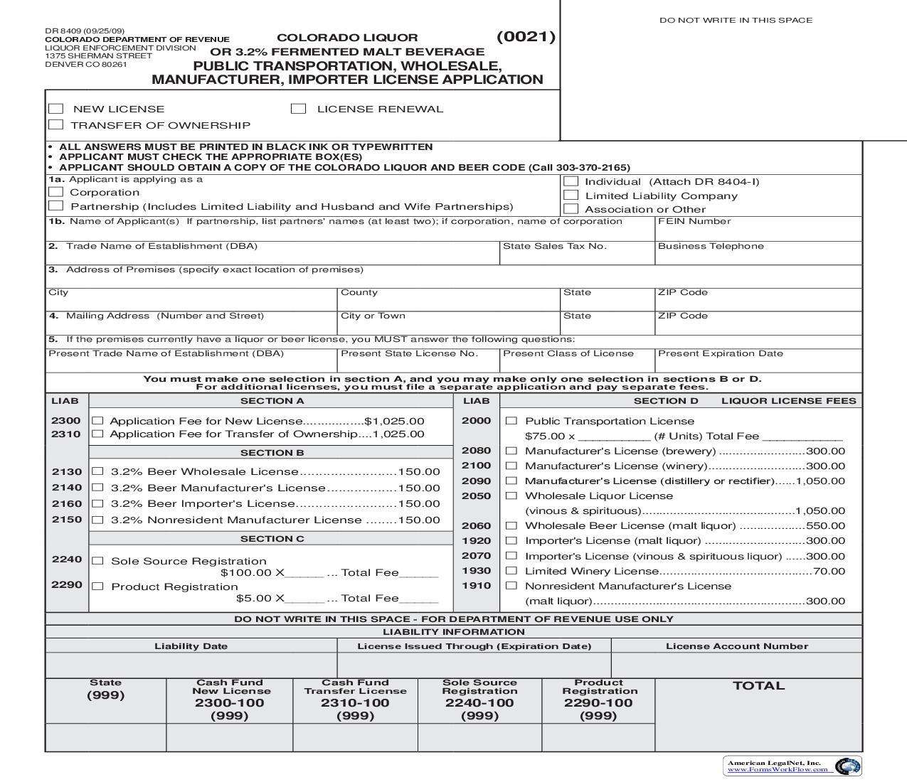 Public Transportation - Wholesale - Manufacturer - Importer License Application {DR 8409} | Pdf Fpdf Doc Docx | Colorado
