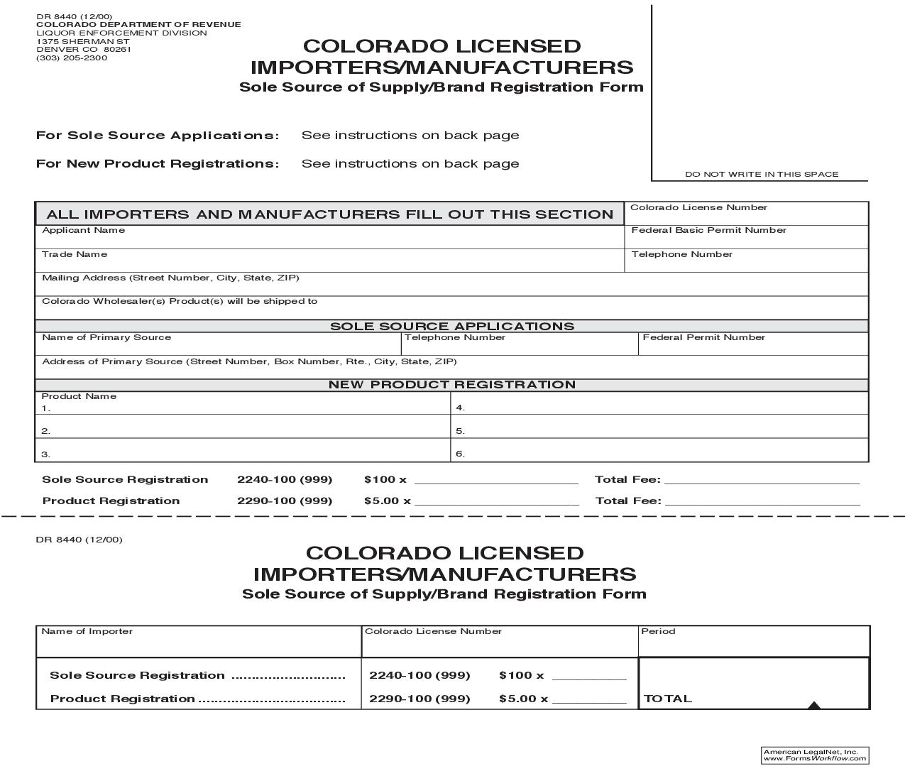 Sole Source Of Supply Brand Registration Form {DR 8440} | Pdf Fpdf Doc Docx | Colorado