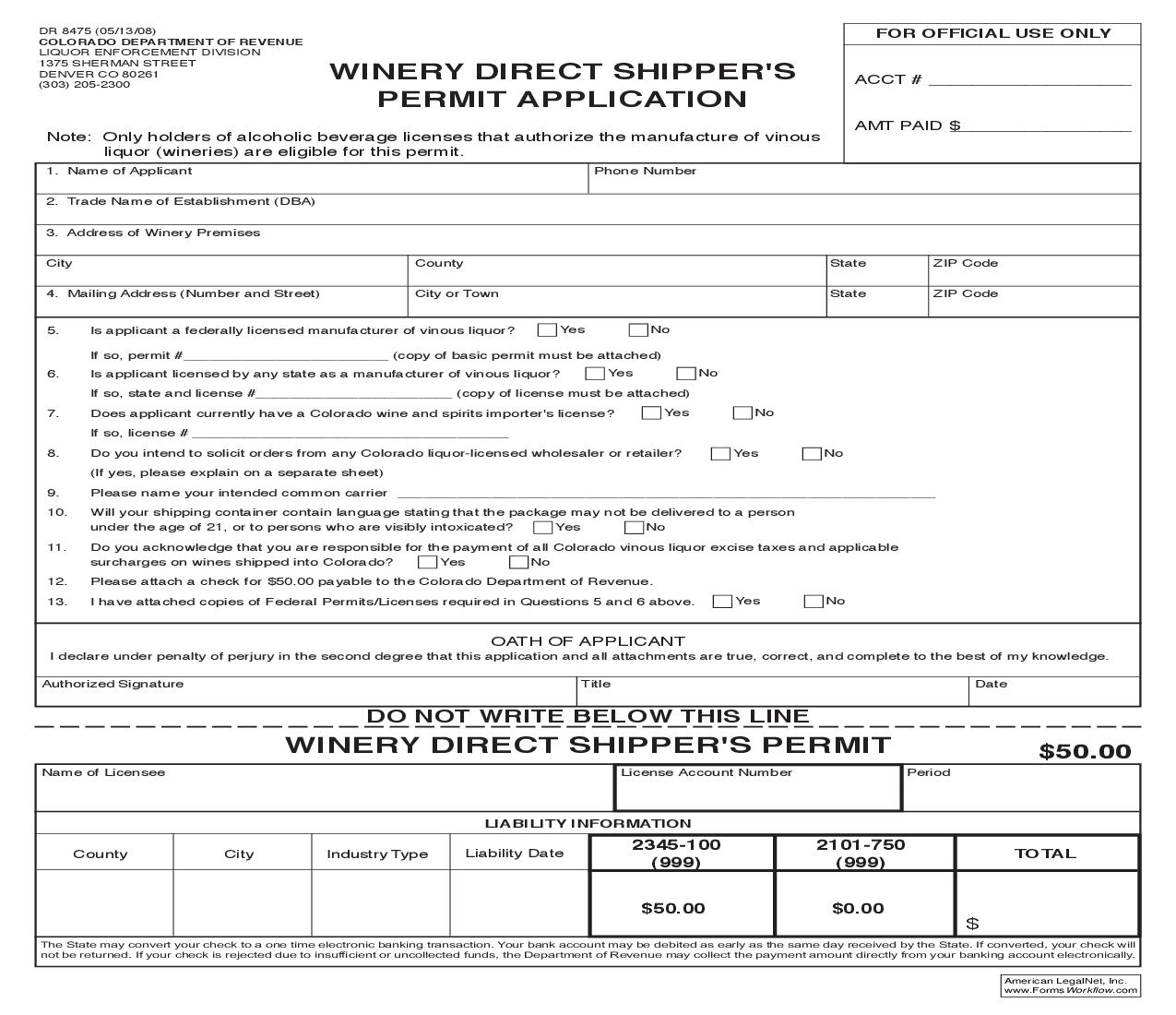 Winery Direct Shippers Permit Application {DR 8475} | Pdf Fpdf Doc Docx | Colorado
