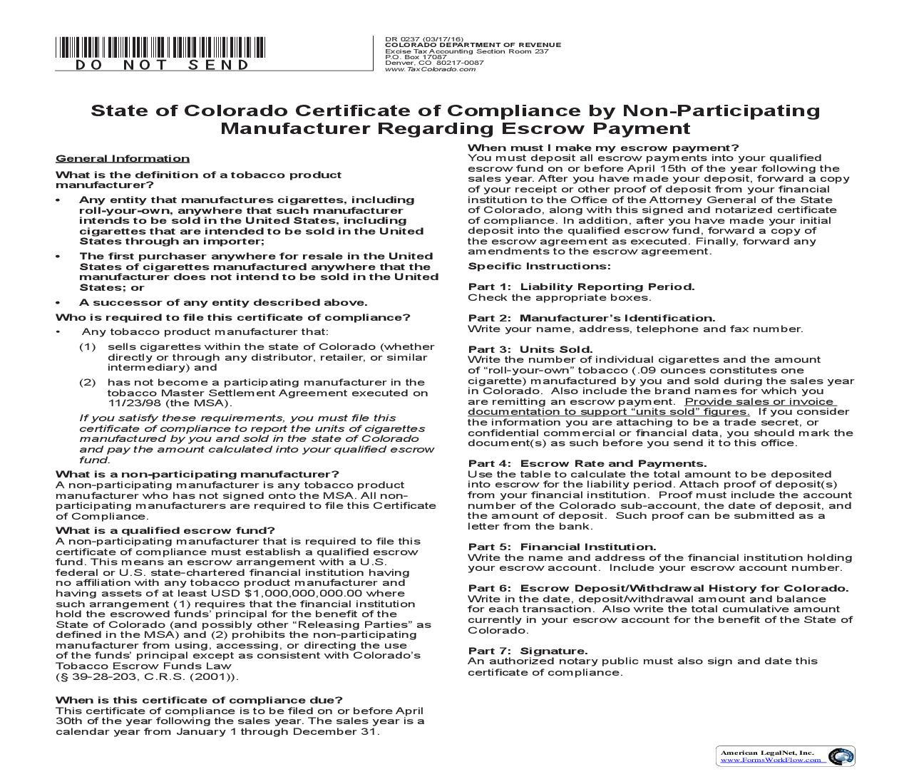 Certificate Of Compliance By Non-Participating Manufacturer Regarding Escrow Payment {DR 0237} | Pdf Fpdf Doc Docx | Colorado