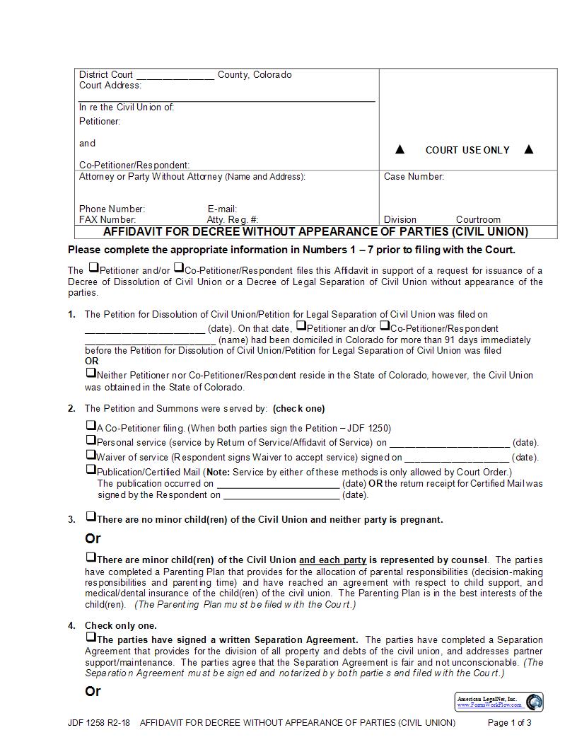 Affidavit For Decree Without Appearance Civil Union {JDF 1258} | Pdf Fpdf Docx | Colorado