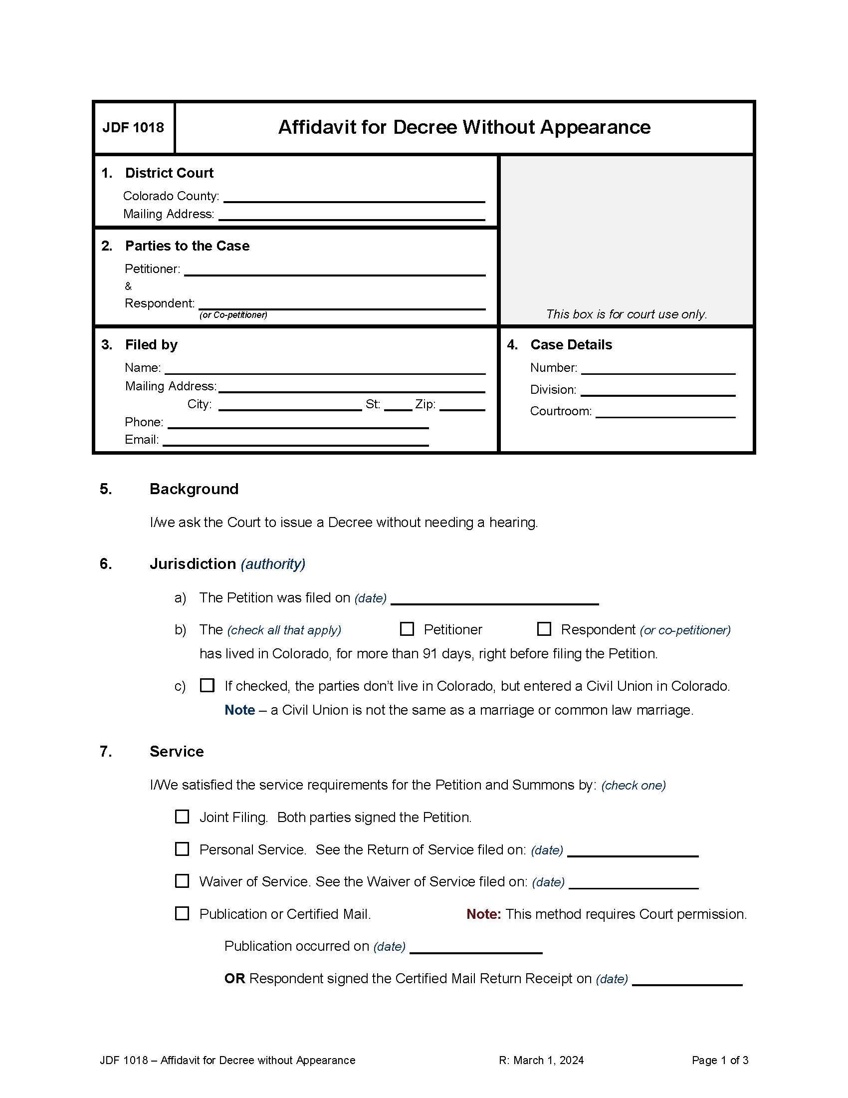 Affidavit For Decree Without Appearance{JDF 1018} | Pdf Fpdf Docx | Colorado