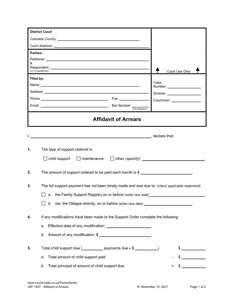 Affidavit Of Arrears {JDF 1807} | Pdf Fpdf Docx | Colorado