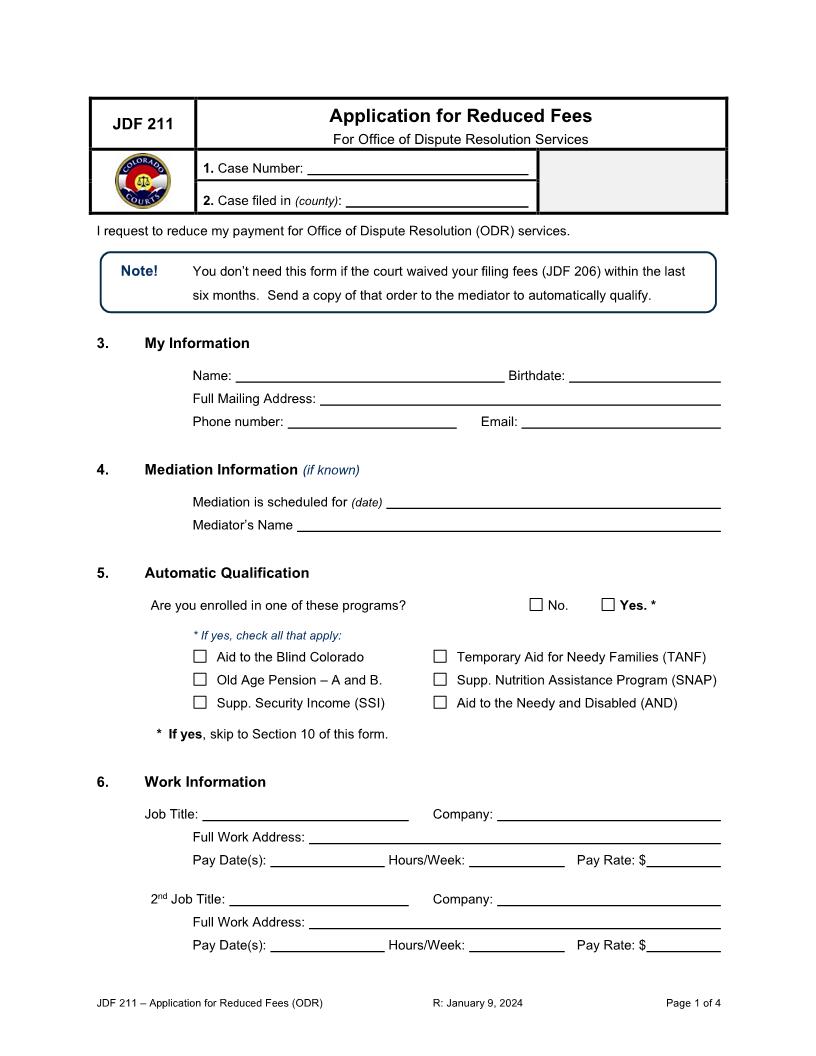 Application For Reduced Fees - Mediation {JDF 211} | Pdf Fpdf Docx | Colorado