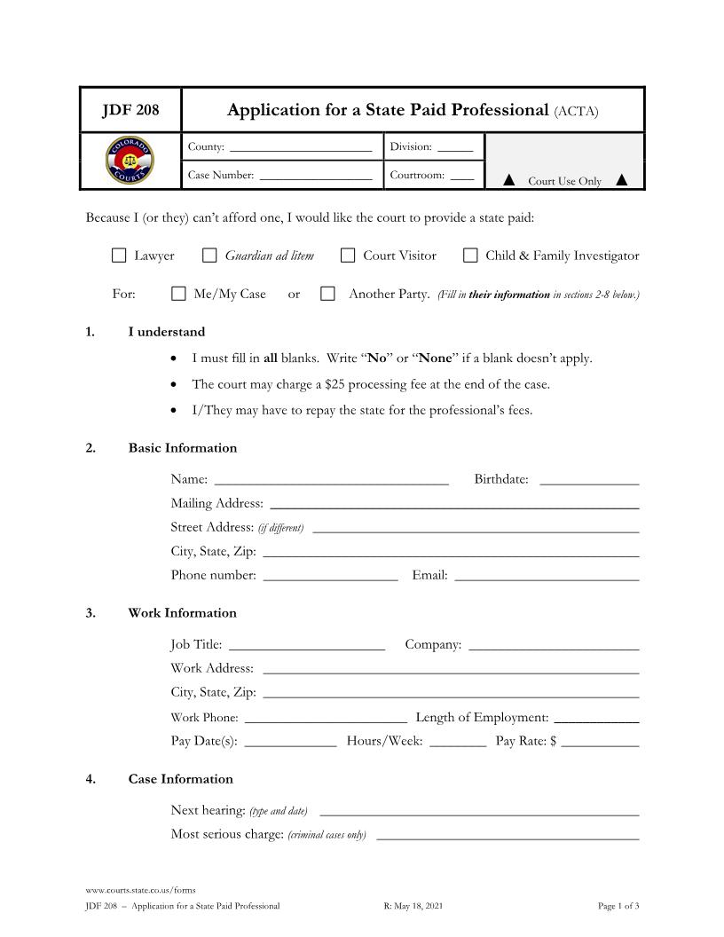 Application For State Paid Professional {JDF 208} | Pdf Fpdf Docx | Colorado