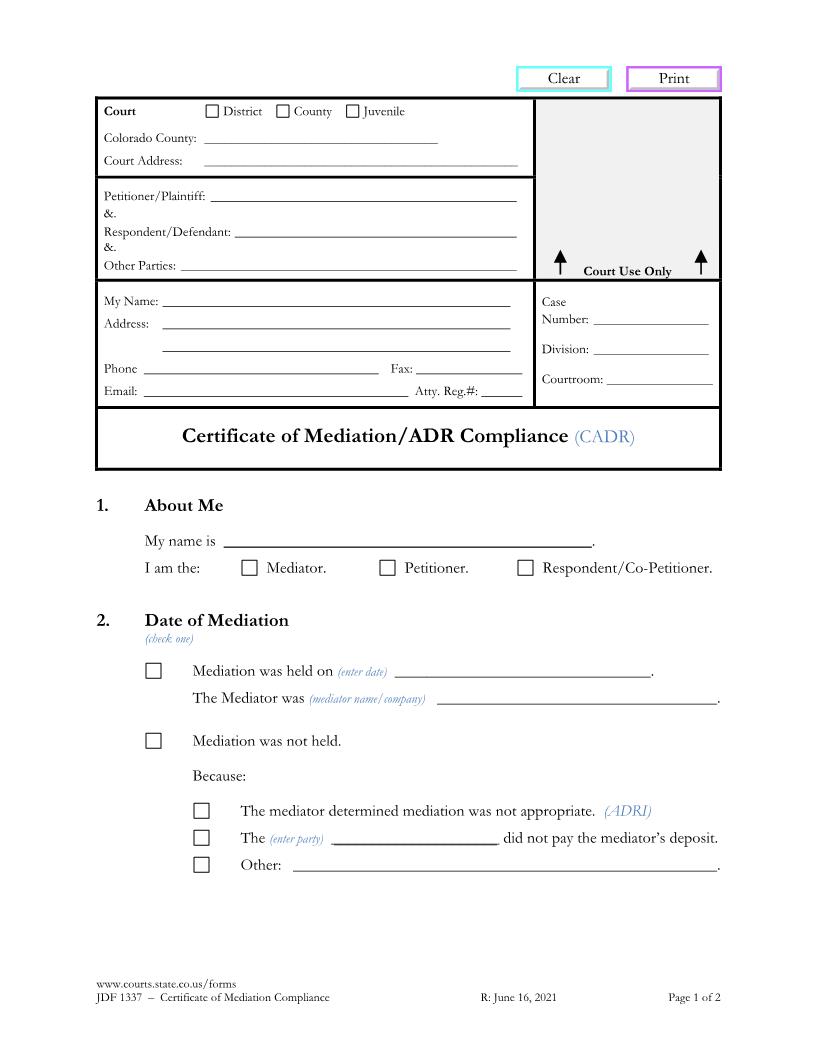 Certificate Of Compliance Mediation ADR {JDF 1337} | Pdf Fpdf Docx | Colorado