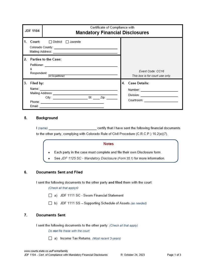 Certificate Of Compliance With Mandatory Financial Disclosures {JDF 1104} | Pdf Fpdf Docx | Colorado