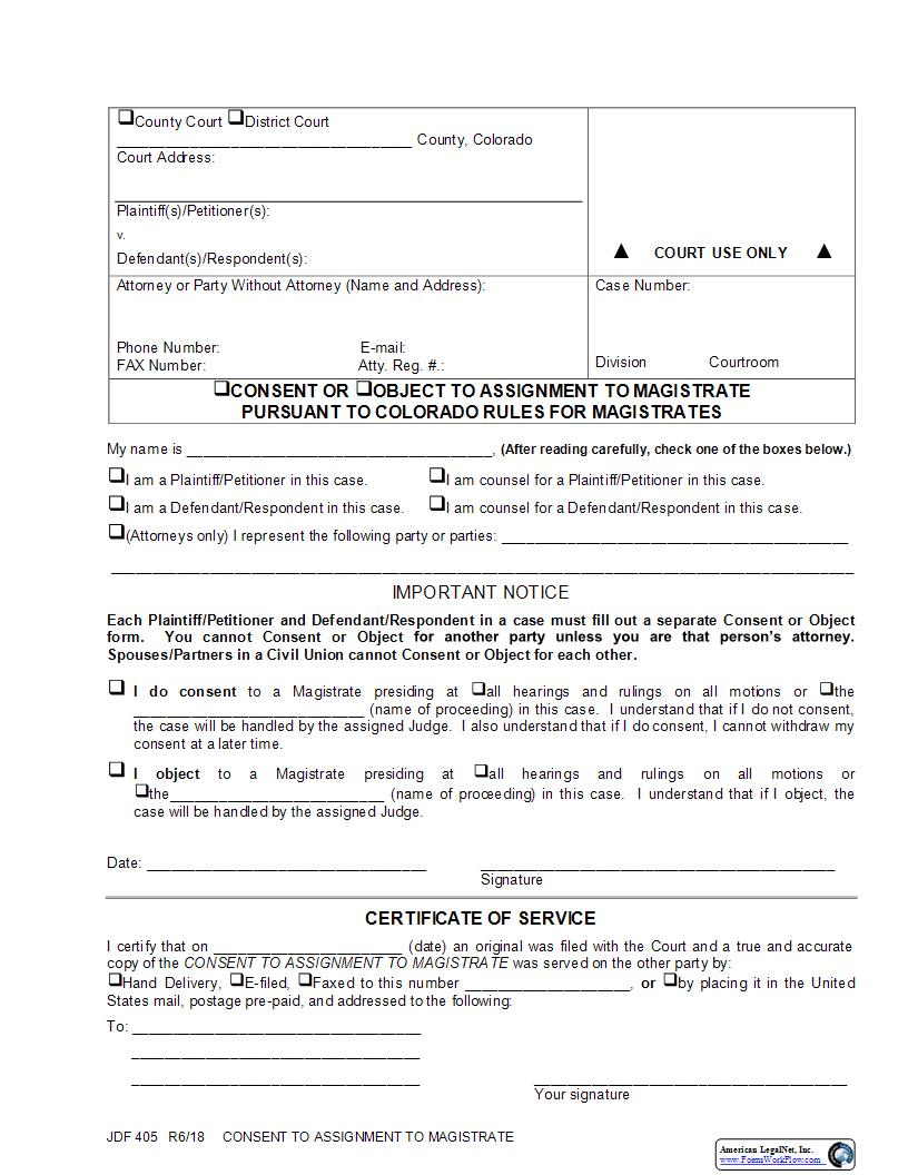 Consent to Assignment to Magistrate {JDF 405} | Pdf Fpdf Docx | Colorado
