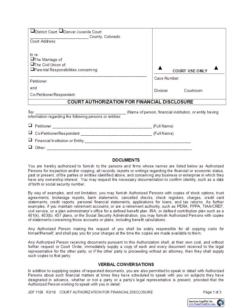Court Authorization For Financial Disclosure {JDF 1126} | Pdf Fpdf Docx | Colorado