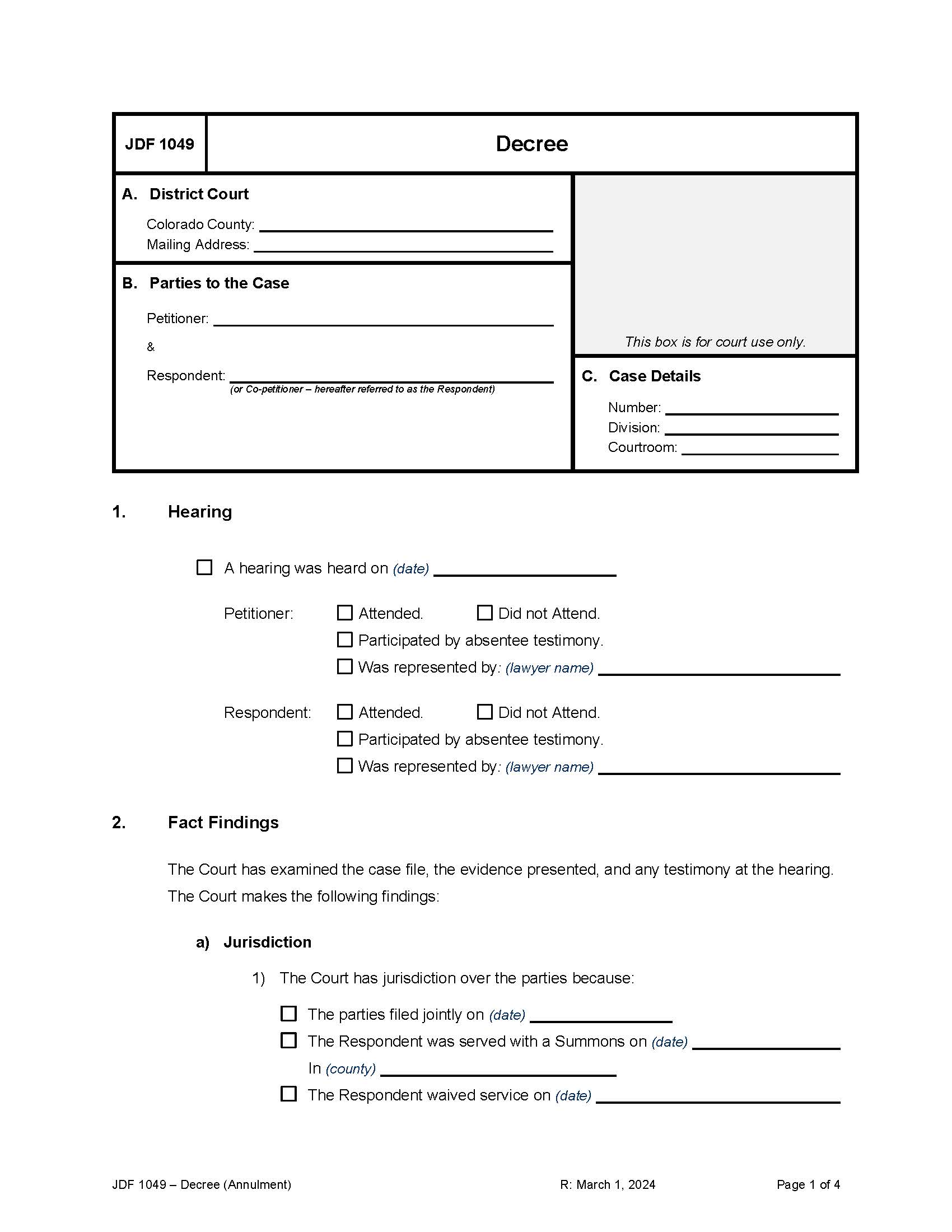 Decree (Annulment) {JDF 1049} | Pdf Fpdf Docx | Colorado