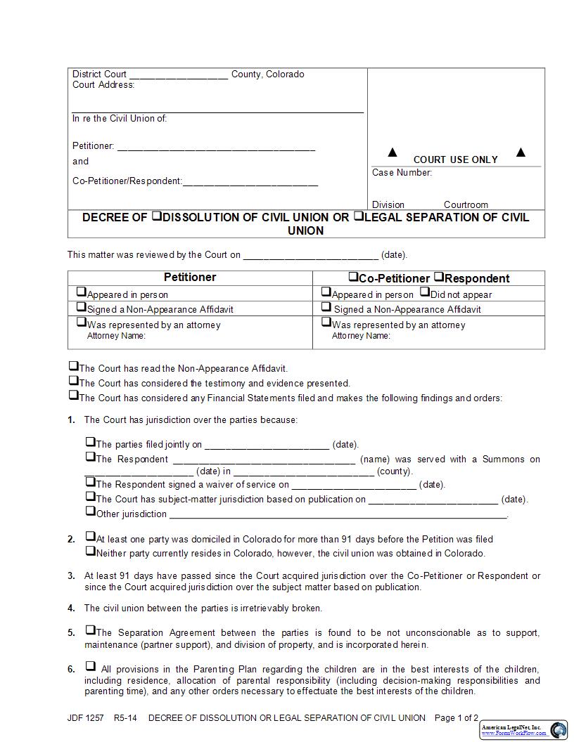 Decree Of Dissolution Of Civil Union {JDF 1257} | Pdf Fpdf Docx | Colorado