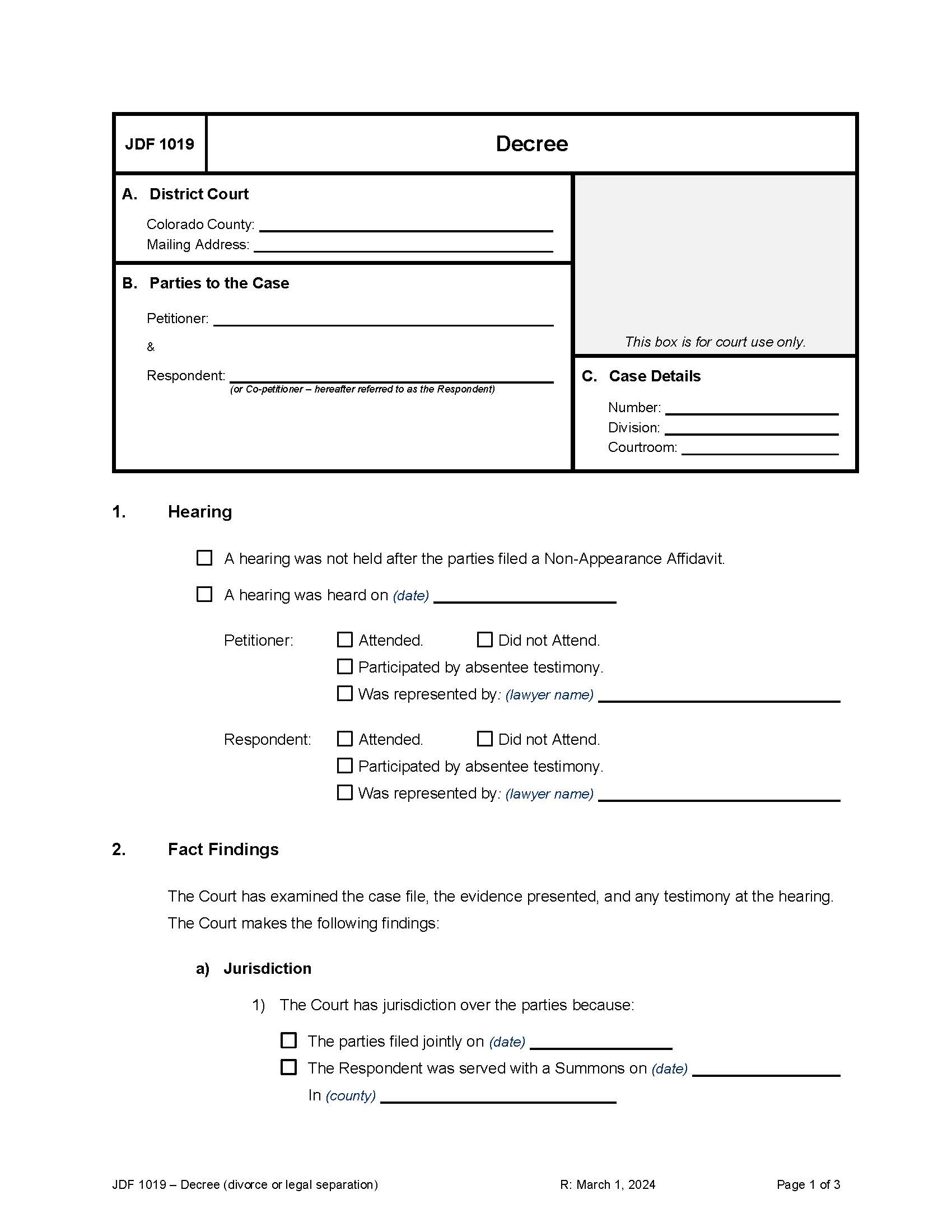 Decree Of Dissolution Of Marriage Or Legal Separation {JDF 1019} | Pdf Fpdf Doc Docx | Colorado