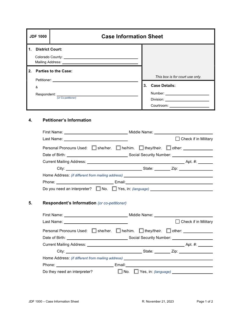 Domestic Relations Case Information Sheet {JDF 1000} | Pdf Fpdf Docx | Colorado