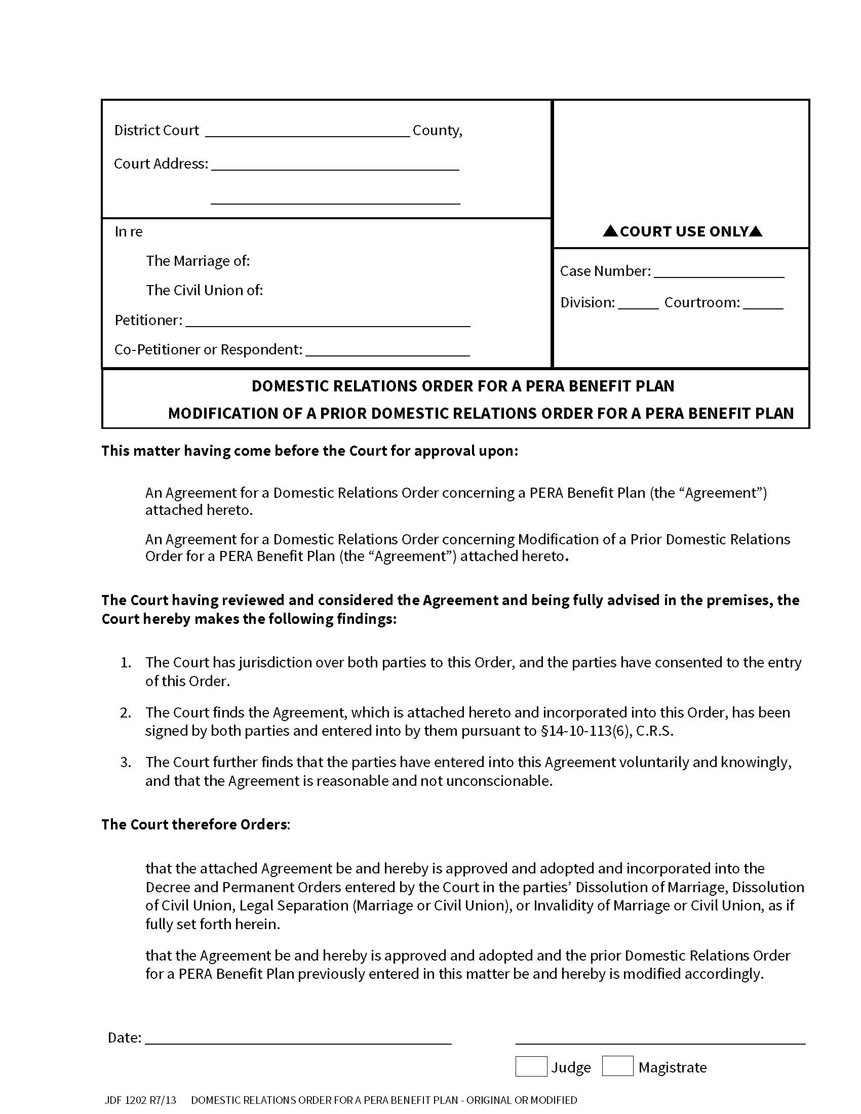 Domestic Relations Order For PERA Benefit Plan Or Modification {JDF 1202} | Pdf Fpdf Doc Docx | Colorado