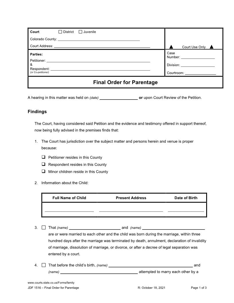 Final Order For Parentage {JDF1516} | Pdf Fpdf Docx | Colorado