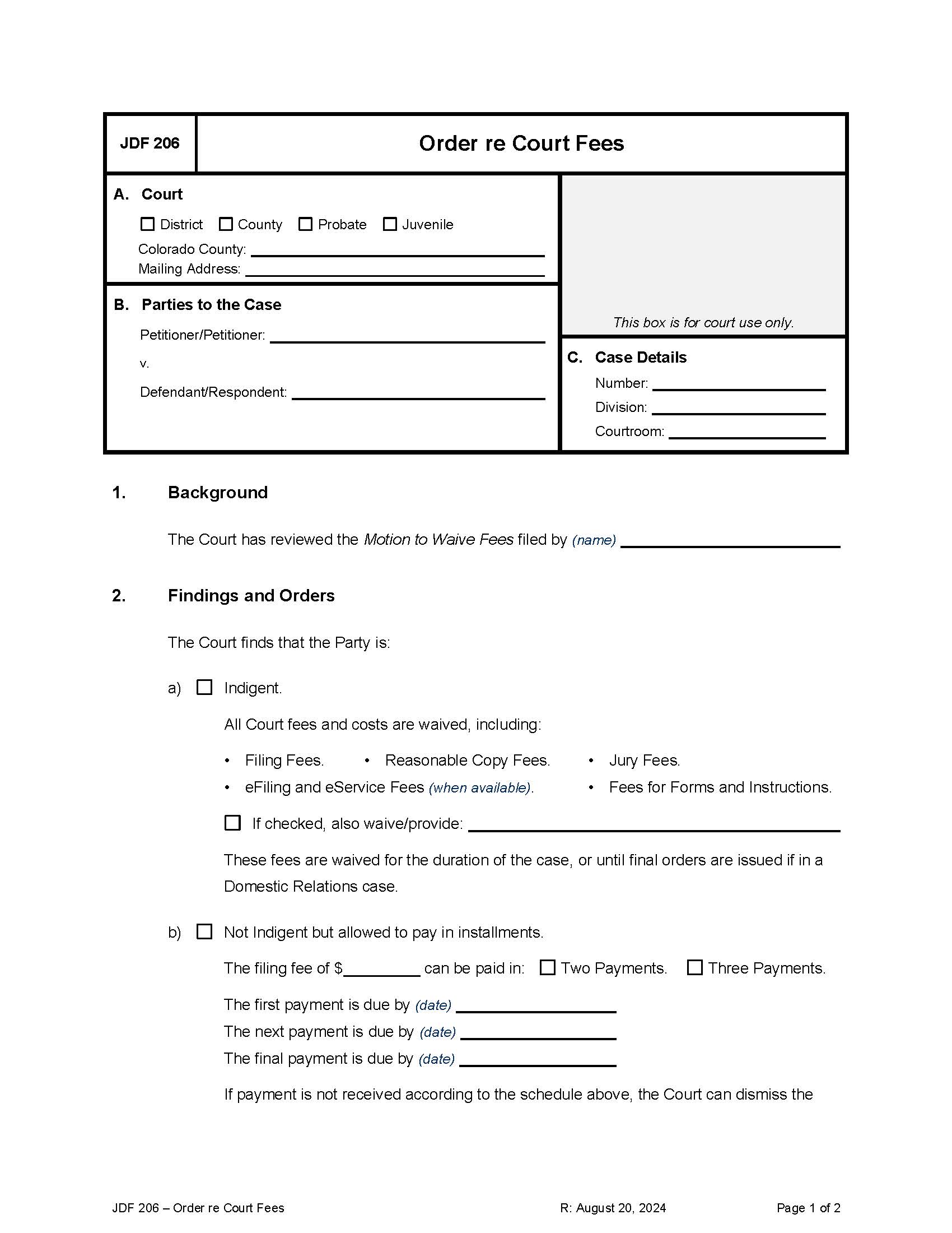 Finding And Order Concerning Payment Of Fees {JDF 206} | Pdf Fpdf Docx | Colorado