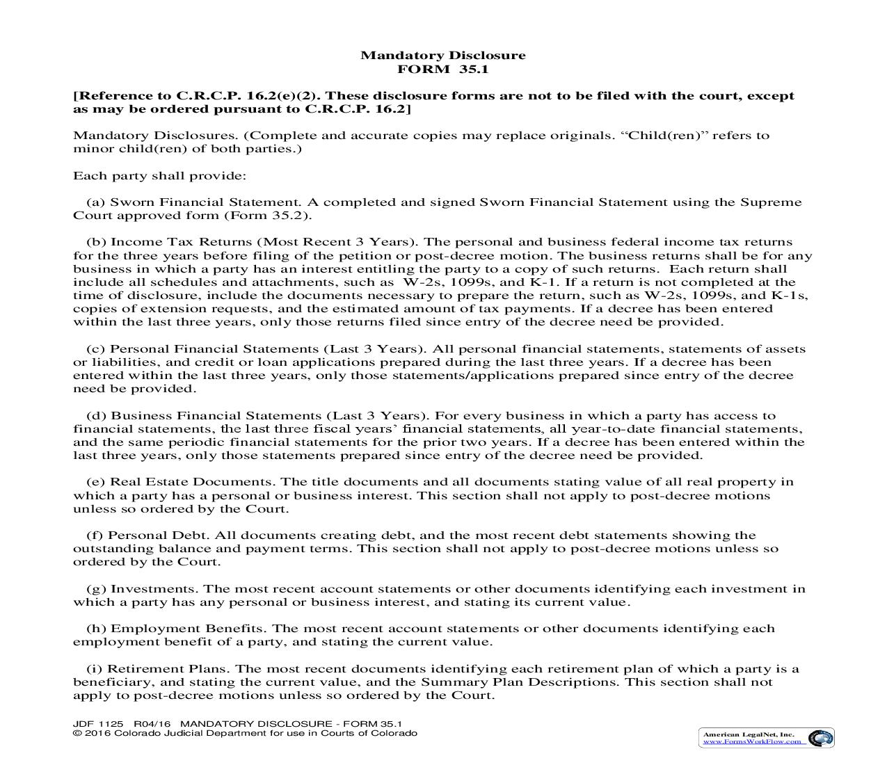 Mandatory Disclosure Form 35.1 Reference To 16.2 (e)(2) {JDF 1125} | Pdf Fpdf Doc Docx | Colorado