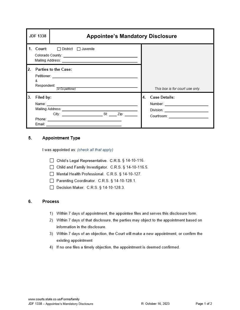 Mandatory Disclosure RE Appointment {JDF 1338} | Pdf Fpdf Docx | Colorado