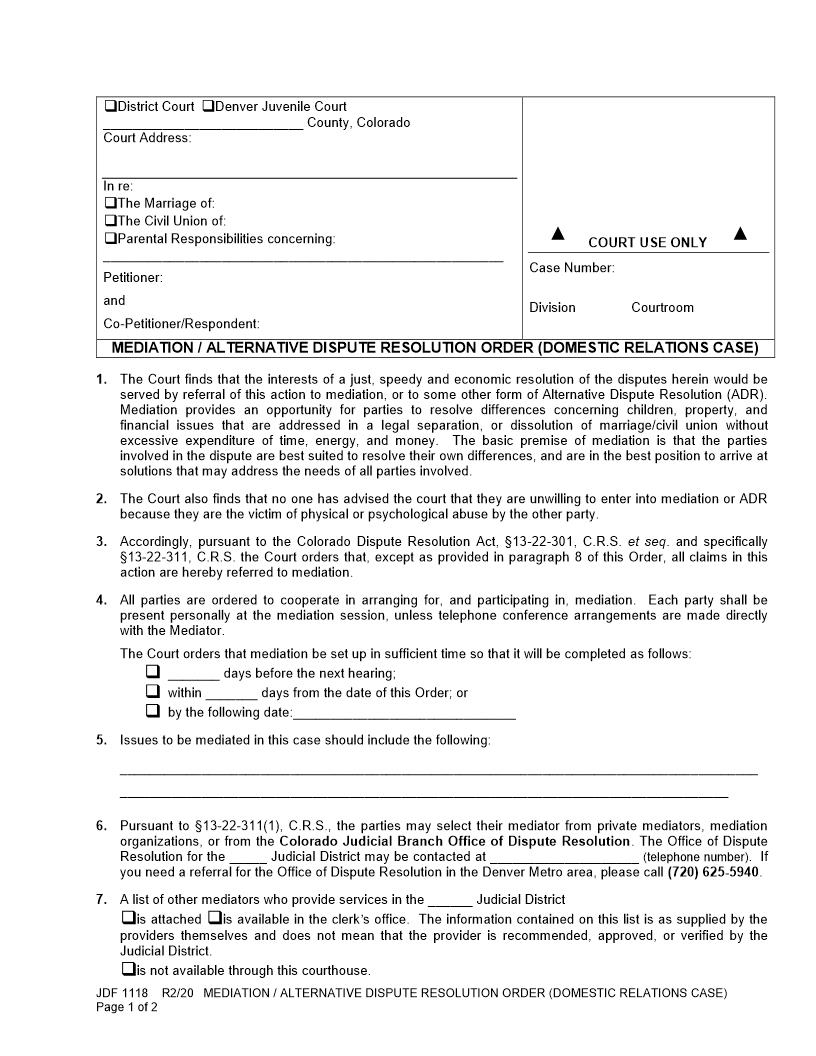 Mediation Or Alternative Dispute Resolution Order (Domestic Relations Case) {JDF 1118} | Pdf Fpdf Doc Docx | Colorado