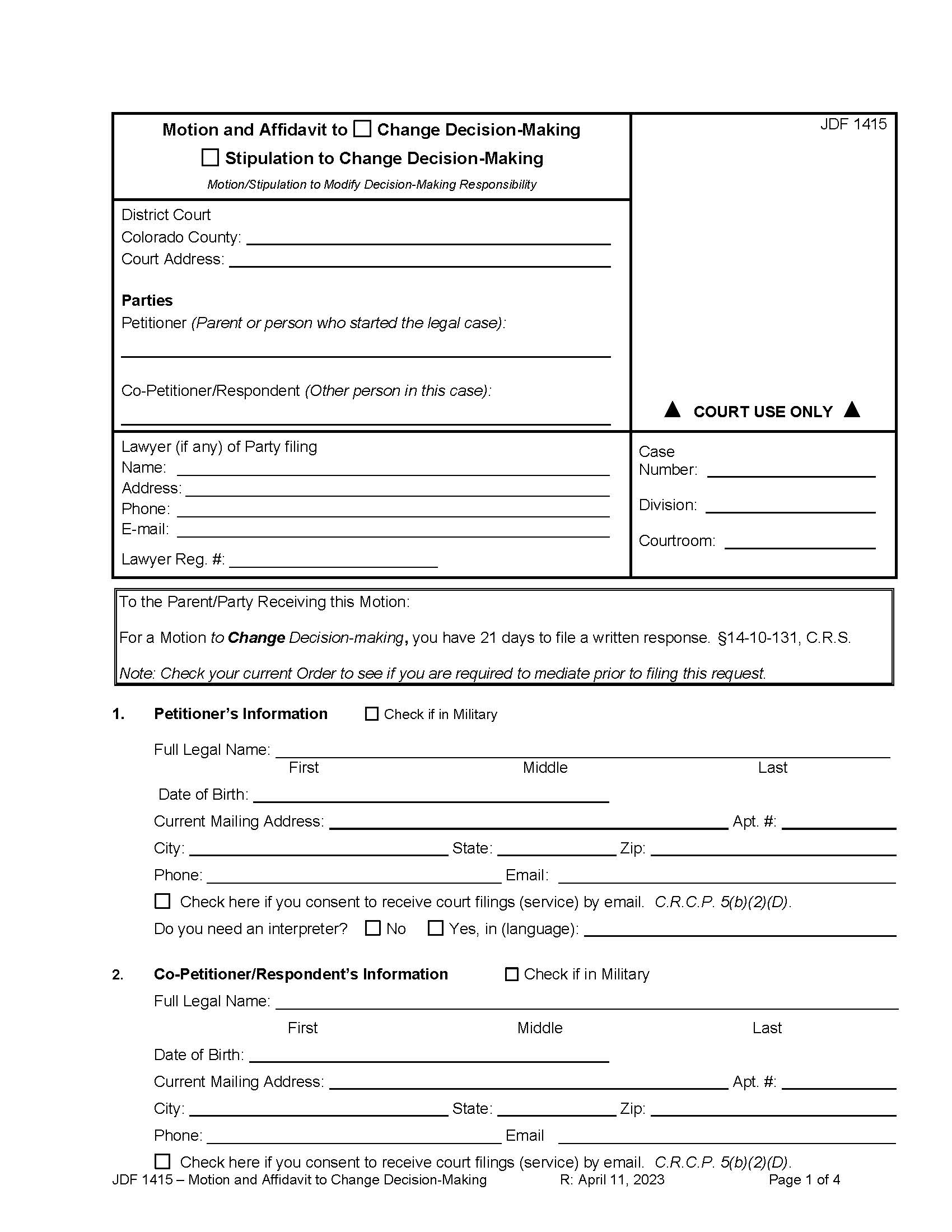 Motion And Affidavit To Change Decision Making {JDF 1415} | Pdf Fpdf Docx | Colorado