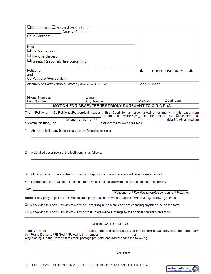 Motion For Absentee Testimony {JDF 1309} | Pdf Fpdf Docx | Colorado