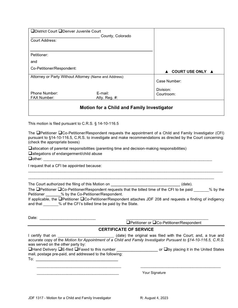 Motion For Appointment Of Child And Family Investigator {JDF 1317} | Pdf Fpdf Docx | Colorado