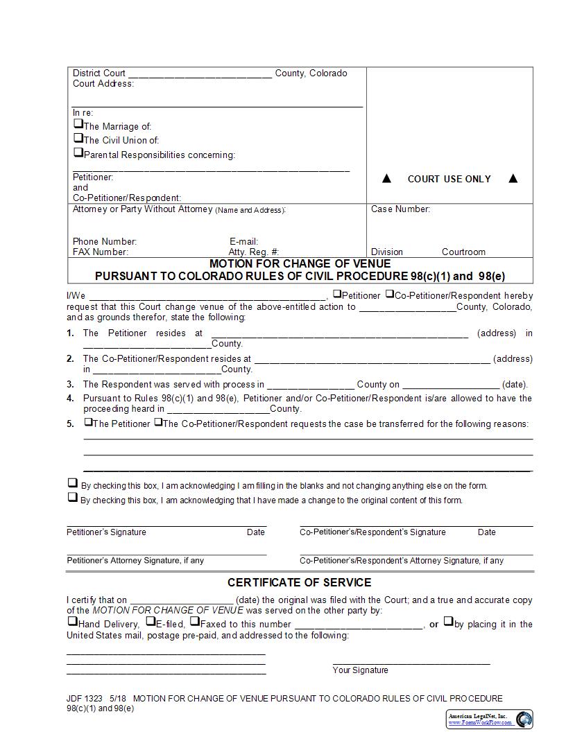 Motion For Change Of Venue {JDF 1323} | Pdf Fpdf Docx | Colorado