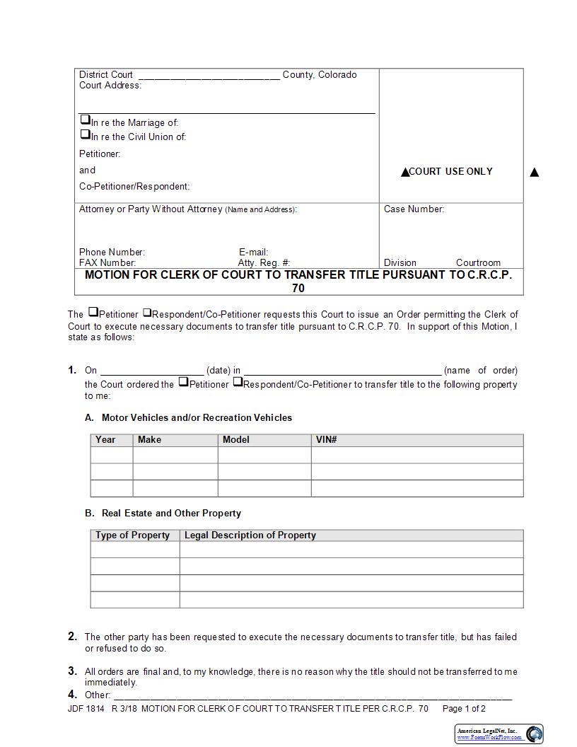 Motion For Clerk Of Court To Transfer Title {JDF 1814}  | Pdf Fpdf Docx | Colorado