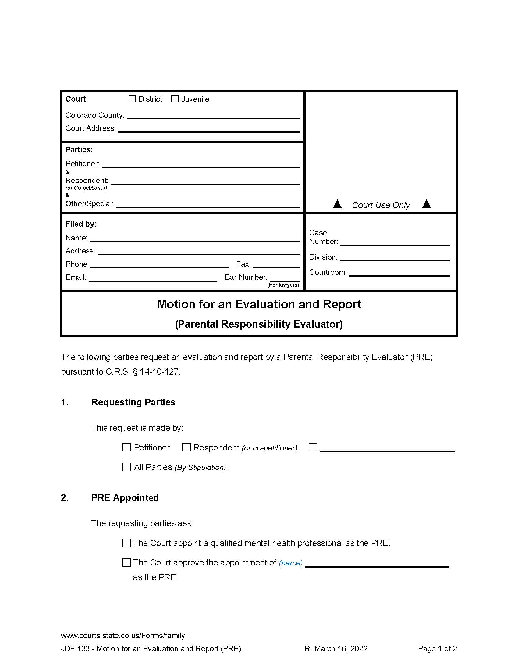 Motion For Evaluation And Report {JDF1331} | Pdf Fpdf Doc Docx | Colorado