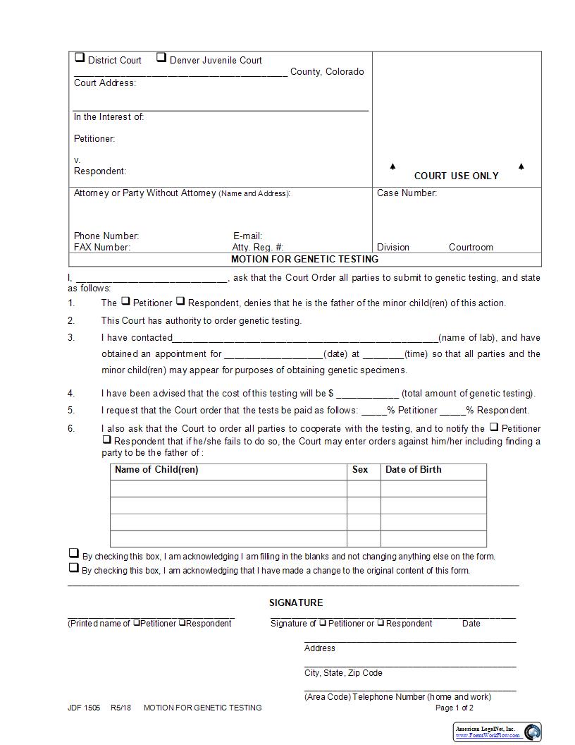 Motion For Genetic Testing {JDF 1505} | Pdf Fpdf Docx | Colorado