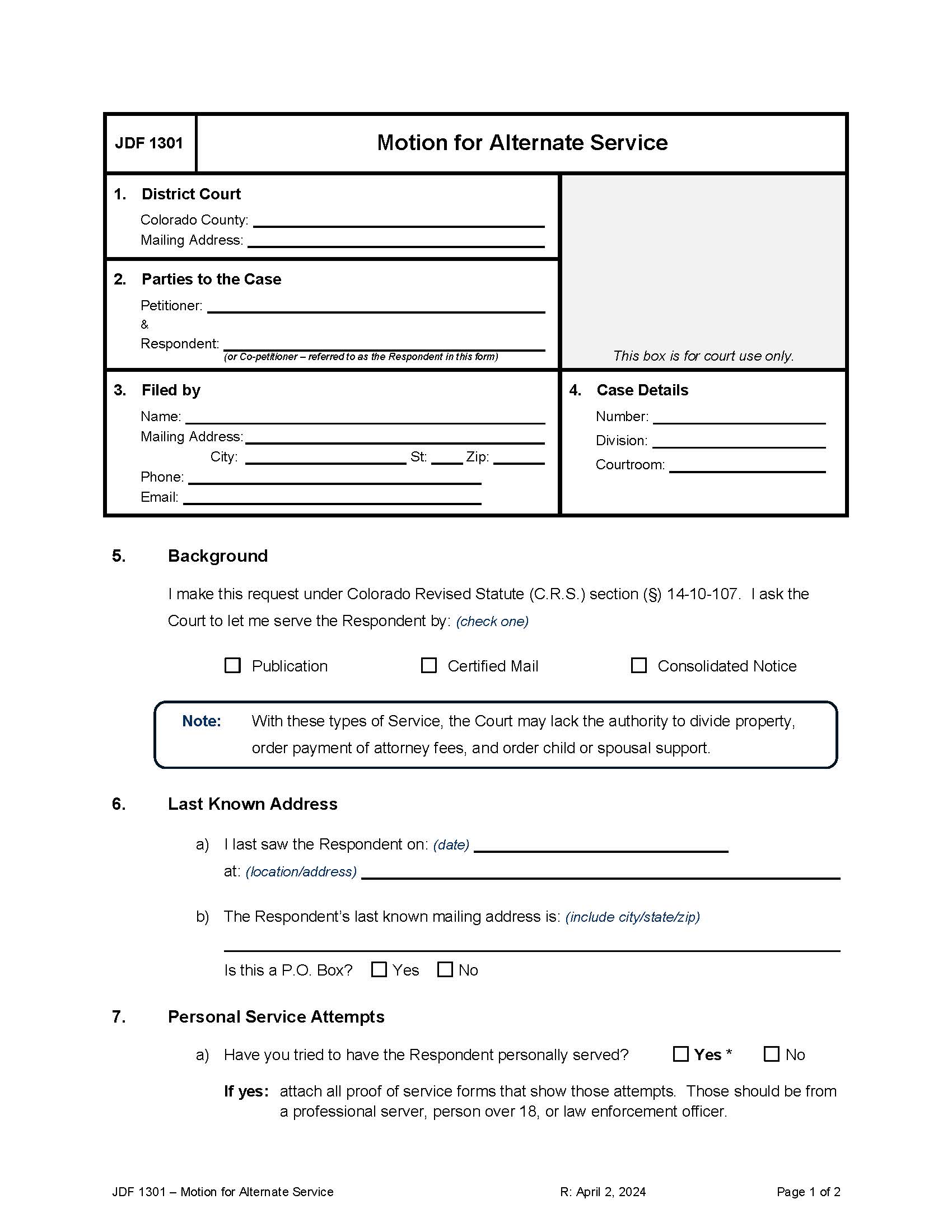 Motion For Service By Publication {JDF 1301} | Pdf Fpdf Docx | Colorado