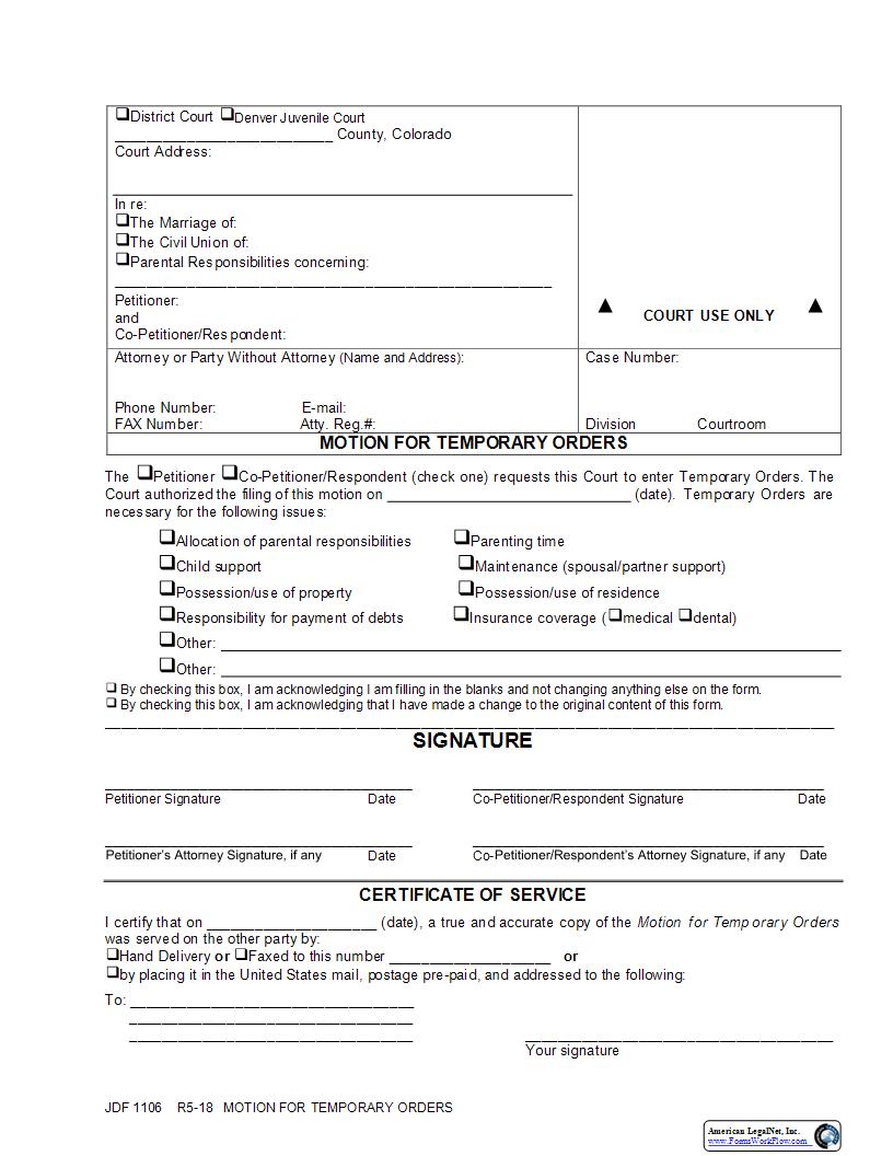 Motion For Temporary Orders {JDF 1106} | Pdf Fpdf Docx | Colorado