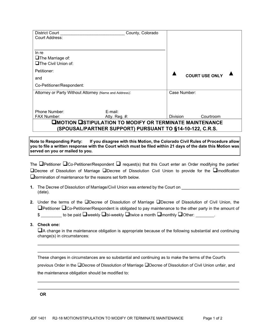 Motion Or Stipulation To Modify Or Terminate Maintenance {JDF 1401} | Pdf Fpdf Docx | Colorado