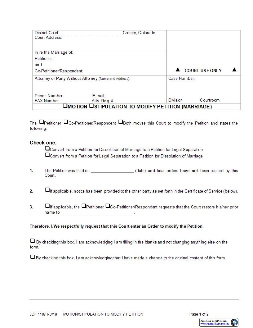 Motion Or Stipulation To Modify Petition {JDF 1107} | Pdf Fpdf Docx | Colorado