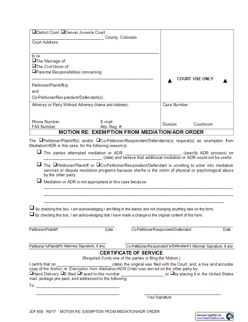Motion Re Exemption From Mediation {JDF 608} | Pdf Fpdf Docx | Colorado