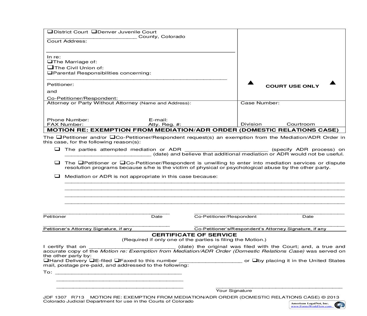 Motion Re Exemption From Mediation Or ADR Order (Domestic Relations Case) {JDF 1307} | Pdf Fpdf Doc Docx | Colorado