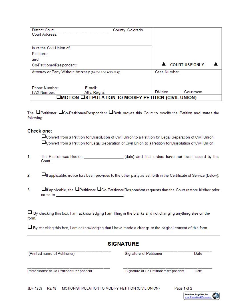 Motion Stipulation To Modify Petition For Civil Union {JDF 1253} | Pdf Fpdf Docx | Colorado