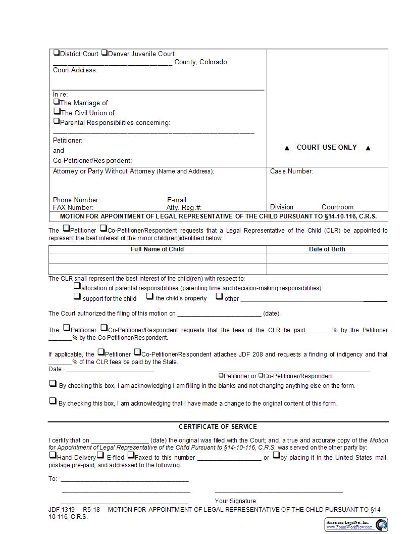 Motion To Appoint Legal Representative {JDF 1319} | Pdf Fpdf Docx | Colorado