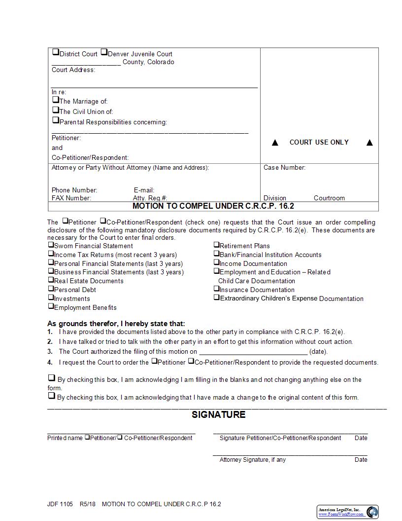 Motion To Compel {JDF 1105} | Pdf Fpdf Docx | Colorado