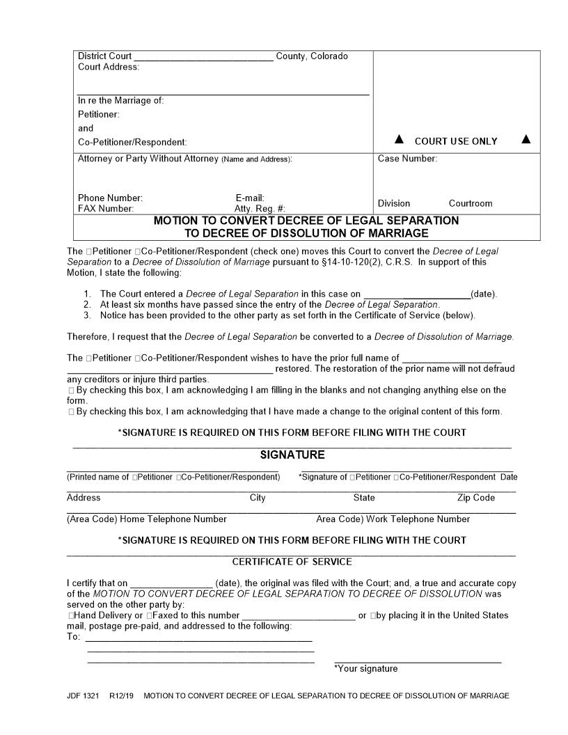 Motion To Convert Decree Of Legal Separation To Decree Of Dissolution {JDF 1321} | Pdf Fpdf Docx | Colorado