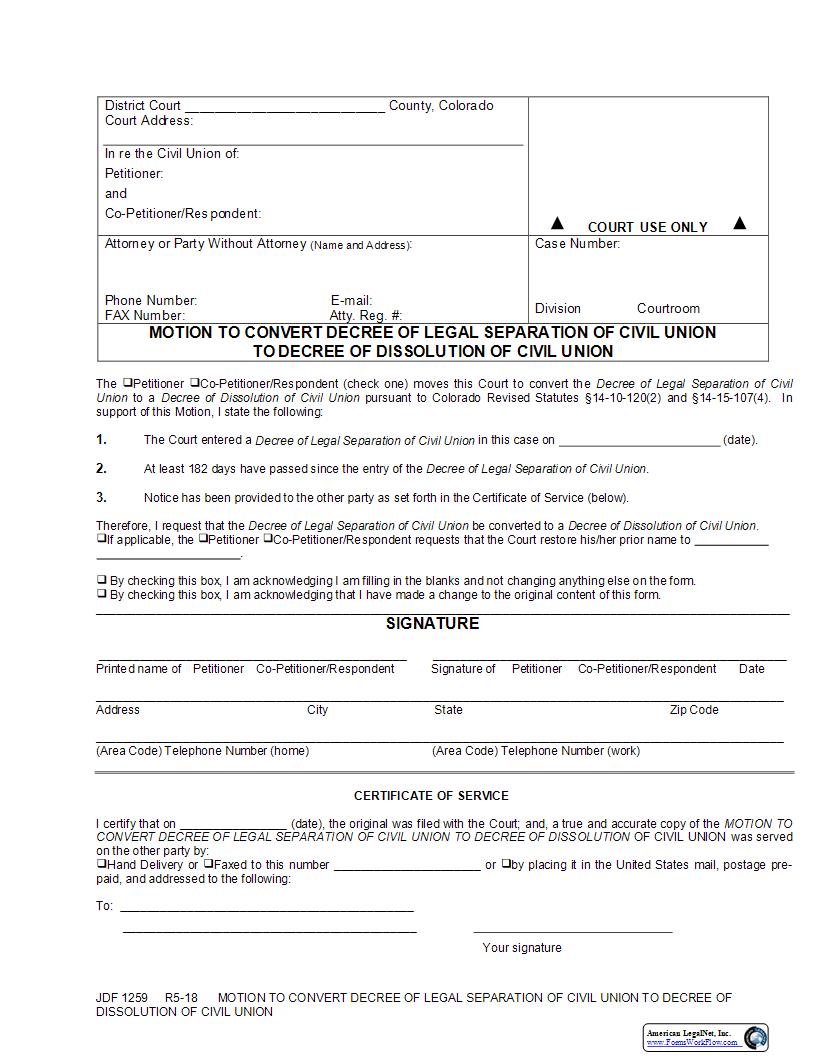 Motion To Convert Legal Separation To Decree Of Dissolution {JDF 1259} | Pdf Fpdf Docx | Colorado