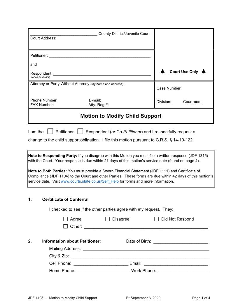 Motion To Modify Child Support {JDF 1403} | Pdf Fpdf Docx | Colorado